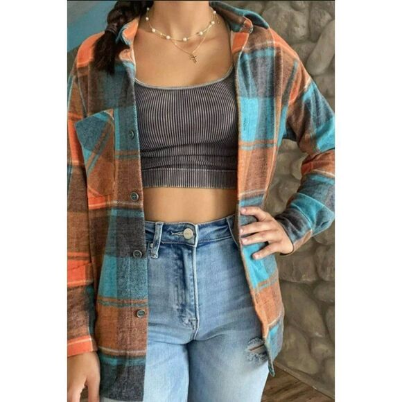 Zenana Making S’mores Plaid Flannel Shacket in Teal/Orange S-L QJL-1368Y - Picture 1 of 4